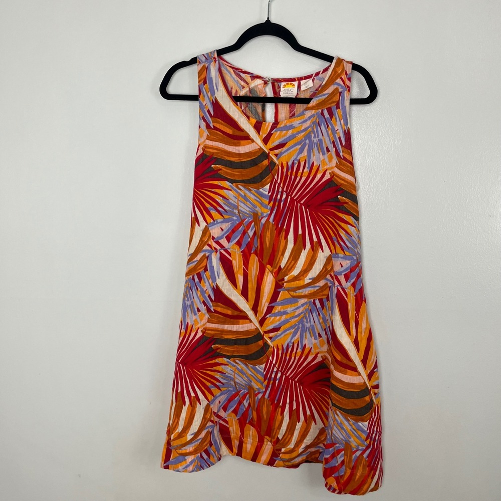 Tropical Palm Linen Shift Dress Womens‎ Medium Multi Color Sleeveless